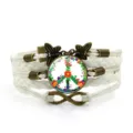Bracciale in pelle intrecciato multistrato vintage con cabochon vetro segno pace. - Bianco-Stile 9