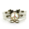 Bracciale in pelle intrecciata multistrato con simbolo di pace floreale e stile vintage. - Bianco-Stile 10