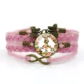 Bracciale in pelle intrecciata rosa con cabochon in vetro segno di pace floreale e libellula - Rosa Stile 5