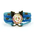 Bracciale in pelle intrecciata blu multistrato con ciondolo segno di pace floreale vintage. - Blu-Stile 1