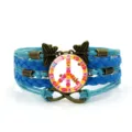 Bracciale in pelle blu intrecciata multistrato vintage con segno di pace floreale e libellula. - Blu Stile 4