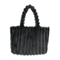 Dunkelgraue Kunstpelz Handtasche für Damen mit Perlenhenkel und flauschigem vertikalen Design. - Dunkelgrau