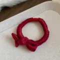 Red fabric bow hair tie detail, elegant elastic hair ring close up view for daily styling. - Hair Ties - Red - Bow