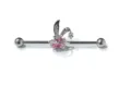 Detail of industrial piercing barbell with pink crystal stone and rhinestone bunny ear charm. - Pink Rabbit