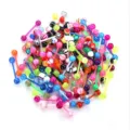 Detailed close-up view of a mixed colorful acrylic tongue ring body piercing jewelry set. - 1.6cm (20 Pieces/Pack) / Multicolor