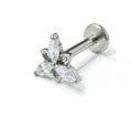 Detail view of F136 titanium labret piercing stud with marquise clear cubic zirconia flower. - Marquise Flower Style