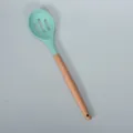 Silicone slotted spoon with wooden handle, mint green kitchen cooking utensil variant - Round Wooden Handle Silicone Slotted Spoon / Dark Green