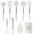 Detailansicht des 9-teiligen Silikon-Küchenhelfer-Sets mit Edelstahlgriffen und Halter. - Cremeweißes Griffhüllen-Set 9-teilig A