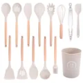 14-teiliges Silikon Küchenutensilien Set mit Holzgriffen und Halter zum Kochen. - 14-teiliges Set A in Khaki mit Holzgriff (kleiner Eimer)