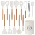14-teiliges Silikon Küchenhelfer Set mit Holzgriff Hitzebeständige Kochutensilien Halter - 14-teiliges Set A in Cremeweiß mit Holzgriff (kleiner Eimer)