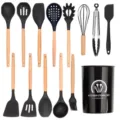 14-teiliges Silikon Küchenhelfer Set mit Holzgriffen und Aufbewahrungshalter für Töpfe - Schwarzer Holzgriff 14er-Set A (Kleiner Eimer)