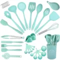 Details des mintgrünen Silikon-Küchenhelfer-Sets mit Pfannenwendern, Löffeln und Aufbewahrung. - Dunkelgrünes einteiliges 38-teiliges Küchenhelfer-Set (Großer Eimer)