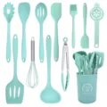 Detail des Silikon-Küchenhelfer-Sets mit mintgrünen und hitzebeständigen Kochwerkzeugen. - 12-teiliges Set (Großer Eimer) / Dunkelgrün