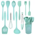 11-teiliges hitzebeständiges Silikon Küchenhelfer Set mit praktischem Behälter in Mint. - Dunkelgrünes einteiliges 11-teiliges Set [Großer Eimer]