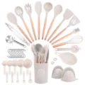 Silikon Küchenhelfer Set mit Holzgriffen 37 tlg Antihaft Kochgeschirr Utensilien. - Khaki Holzgriff Set / Kleine Eimer