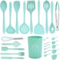25-teiliges Silikon Küchenhelfer Set Hitzebeständige Kochlöffel Pfannenwender Halter - 25-teiliges einteiliges Set in Dunkelgrün (Großer Eimer)