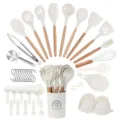 37-teiliges Silikon Küchenhelfer Set mit Holzgriffen und praktischem Aufbewahrungshalter. - Cremeweiß Holzgriff Set / Kleine Eimer