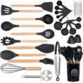 Silikon Küchenhelfer Set mit Holzgriffen, hitzebeständige Kochlöffel und Pfannenwender. - Schwarzes, 35-teiliges Küchenhelfer-Set A mit Holzgriff (mit Behälter)