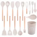 16-piece silicone kitchen utensil set with wooden handles, heat-resistant non-stick cooking tools. - Wood Handle 16-Piece Set A (Small Bucket) / Khaki