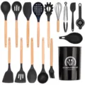 16pcs silicone kitchen utensil set with wooden handles heat resistant cooking tools holder - Wood Handle 16-Piece Set A (Small Bucket) / Black