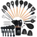 37-teiliges Silikon Küchenhelfer Set mit Holzugriffen für antihaftbeschichtete Töpfe. - Schwarz Holzgriff Set / Kleine Eimer
