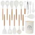 16-piece silicone kitchen utensil set with wooden handles and storage holder for cooking. - Wood Handle 16-Piece Set A (Small Bucket) / Cream