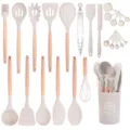 Silikon Küchenhelfer Set mit Holzgriffen, hitzebeständige Kochlöffel und Pfannenwender. - Küchenhelfer Mit Holzgriff / Kleiner Eimer / Khaki