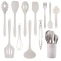 12-teiliges hitzebeständiges Silikon Küchenhelfer Set mit Kochlöffeln und Halter. - 12-teiliges Set (Großer Eimer) / Khaki