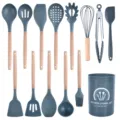 Set di 14 utensili da cucina in silicone con manici in legno, resistenti al calore. - Set da 14 pezzi A con manico in legno grigio scuro (secchiello piccolo)