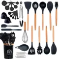 37-piece silicone kitchen utensils set with wooden handles non-stick cookware spatula tools - Black Wooden Handle 37-Piece Set B [Small Bucket]