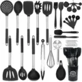 Ensemble d'ustensiles de cuisine en silicone avec poignées en acier inoxydable. - Noir / Ensemble de 37 pièces