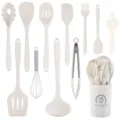 12-teiliges hitzebeständiges Silikon Küchenhelfer Set mit Halter für Antihaft Kochgeschirr Löffel - 12-teiliges Set (Großer Eimer) / Creme
