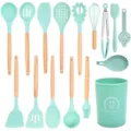 16pcs silicone kitchen utensil set with wooden handles non-stick cooking tools mint green - Wood Handle 16-Piece Set A (Small Bucket) / Dark Green