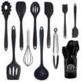 11-teiliges Silikon Küchenhelfer Set mit Halter, hitzebeständige Kochlöffel und Spatel. - 11-teiliges einteiliges Set in Schwarz (großer Behälter)