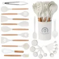 24-teiliges Silikon Küchenhelfer Set mit Holzgriffen, antihaftbeschichtete Kochutensilien. - 24-Teiliges Set (Kleiner Eimer) / Creme