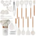 37-piece silicone kitchen utensil set with wooden handles, heat-resistant cooking tools. - Cream Wooden Handle 37-Piece Set B (Small Holder)