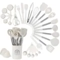 28-teiliges Silikon Küchenhelfer Set mit praktischen Edelstahlgriffen und Halter zum Kochen. - Cremeweißes Griffhüllen-Set 28-teilig A