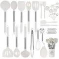 Ensemble de 37 ustensiles de cuisine en silicone et acier inoxydable, résistants à la chaleur. - Blanc crème avec taches / Ensemble de 37 pièces
