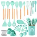 37 pieces mint green silicone kitchen utensils set with wooden handles for nonstick cookware - Dark Green Wooden Handle 37-Piece Set B [Small Bucket]