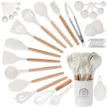 36-teiliges Silikon Küchenhelfer Set mit Holzgriffen, Antihaft Kochbesteck, weißer Halter. - Cremeweißes 36-teiliges Küchenhelfer-Set mit Holzgriff A (Kleiner Eimer)
