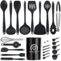 25-teiliges hitzebeständiges Silikon Küchenutensilien Set mit Halter für Kochtöpfe - Schwarzes einteiliges 25-teiliges Set [Großer Eimer]
