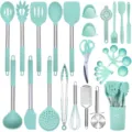 30-teiliges Silikon Küchenutensilien Set mit Edelstahlgriffen und Halter zum Kochen. - Dunkelgrünes 30-teiliges Set A mit Griffhüllen