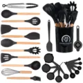 24-teiliges Silikon Küchenutensilien Set mit Holzgriffen, hitzebeständige Kochlöffel und Halter. - 24-Teiliges Set (Kleiner Eimer) / Schwarz