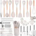 47pcs silicone kitchen utensils set with wooden handle nonstick cookware cooking tools - Khaki 47-Piece Wooden Handle Set A with Small Holder