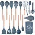 16-piece silicone kitchen utensil set with natural wooden handles, heat-resistant cooking. - Wood Handle 16-Piece Set A (Small Bucket) / Dark Gray