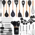 47pcs silicone kitchen utensils set with wooden handles non-stick cookware cooking tools - 47-Piece Black Utensil Set with Wood Handle, A (Small Bucket)