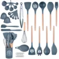 Juego de utensilios de cocina de silicona mango de madera resistente al calor 37Pcs - Juego de 37 piezas gris oscuro con mango de madera B (Cubo pequeño)
