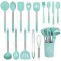 15-teiliges Silikon Küchenutensilien Set mit Edelstahlgriffen und Halter in Mintgrün - Dunkelgrünes 15-teiliges Küchenhelfer-Set mit Griffhüllen