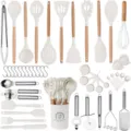 47-piece silicone kitchen utensil set with wooden handles and storage bucket for nonstick cookware - 47-Piece Cream White Utensil Set with Wood Handle, A (Small Bucket)