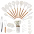 28-teiliges Silikon Küchenutensilien Set mit ergonomischen Holzgriffen für Töpfe. - 28-teiliges Set A [Kleiner Eimer] / Creme